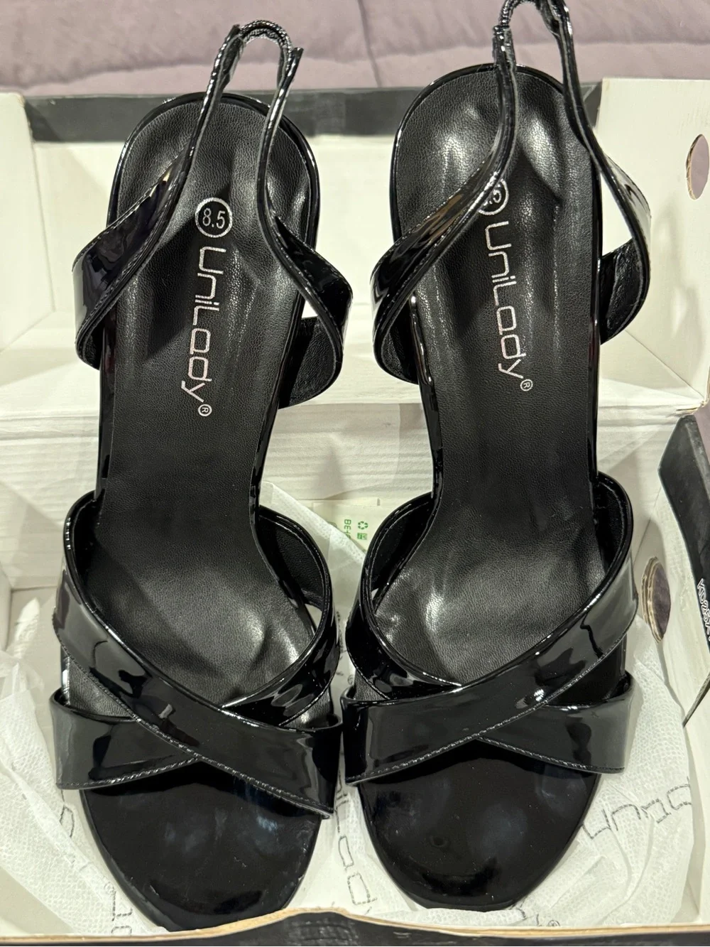 Unilady Beryl Black Patent Slingback Heels for Women 8.5
